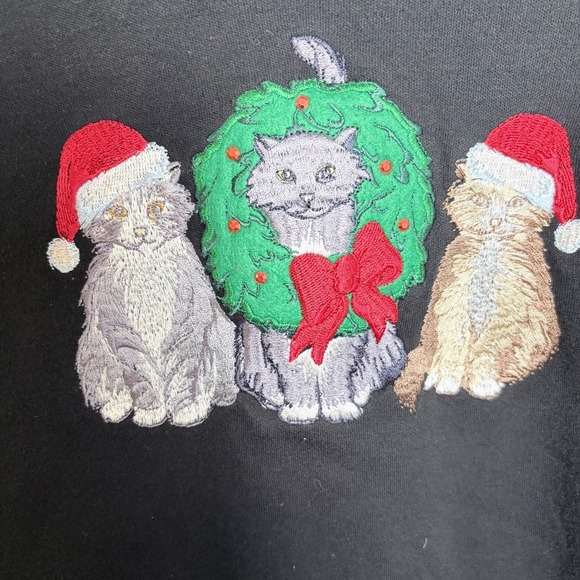 Vintage Christmas Holiday Shirt Long Sleeve Women XL Tee Embroidered Cats Wreath - Picture 3 of 7